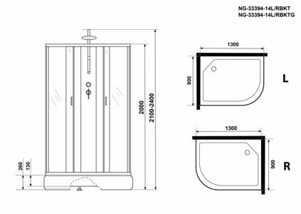 Душевая кабина Niagara NG-33394-14RBKTG (1300х900х2100-2400) средний поддон (26см) стекло МАТОВОЕ 4 места