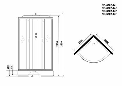 Душевая кабина Niagara NG-6702-14 (1000х1000х2150) низкий поддон(26см) стекло ПРОЗРАЧНОЕ черные профиля 4 места