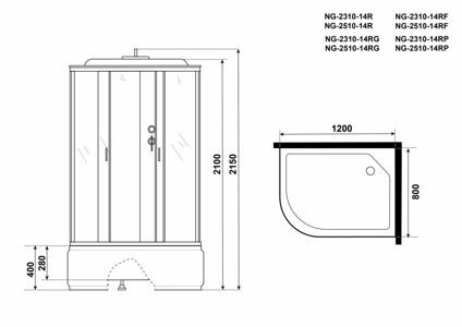 Душевая кабина Niagara NG-2510-14RP (1200х800х2150) высокий поддон(40см) стекло ТОНИРОВАННОЕ 4 места