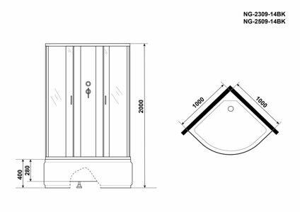 Душевая кабина Niagara NG-2509-14BK (1000х1000х2000) высокий поддон(40см) стекло ТОНИРОВАННОЕ 4 места