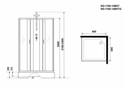 Душевая кабина Niagara NG-1108-14BKTG (900х900х2100-2400) средний поддон(26см) стекло МАТОВОЕ 4 места с полкой